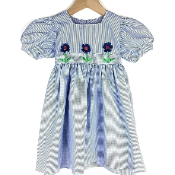 VINTAGE Sikaffy Dress 3D Flowers Stripe Prairie Bubble Sleeve Easter Size 4T - Picture 1 of 8
